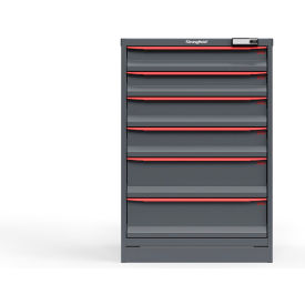 Strong Hold Modular Drawer Cabinet, 6 Drawers, 90 Compartments, 30"W x 29"D x 44"H, Red/Gray, Elec. Lock