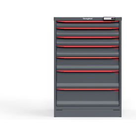 Strong Hold Modular Drawer Cabinet, 7 Drawers, 104 Compartment, 30"W x 29"D x 44"H, Red/Gray, Electric Lock