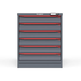 Strong Hold Modular Drawer Cabinet, 6 Drawers, 120 Compartments, 30"W x 29"D x 36"H, Red/Gray, Electric Lock
