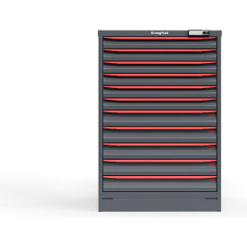 Strong Hold Modular Drawer Cabinet, 11 Drawers, 125 Compartments, 30"W x 29"D x 44"H, Red/Gray, Electric Lock