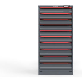 Strong Hold Modular Drawer Cabinet, 10 Drawers, 184 Compartments, 30"W x 29"D x 60"H, Red/Gray, Electric Lock