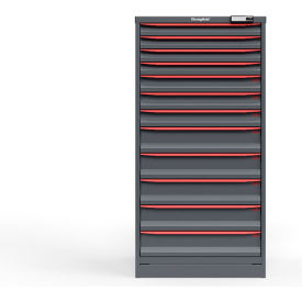 Strong Hold Modular Drawer Cabinet, 12 Drawers, 155 Compartments, 30"W x 29"D x 60"H, Red/Gray, Electric Lock