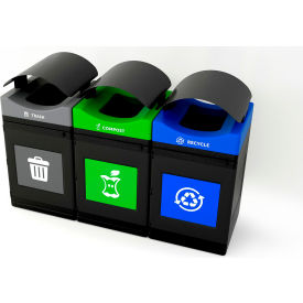 Avante 3-Stream Standard Canopy Top Recycling Can, 55 Gal Cap, Gray/Blue/Green