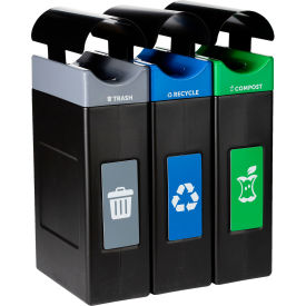 Avante 3-Stream Std/Narrow Canopy Recycling Can, 55/30 Gal Cap,Gray/Blue/Green