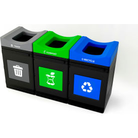 Avante 3-Stream Standard Open Top Recycling Can, 55 Gal. Cap., Gray/Blue/Green