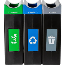Avante 3-Stream Narrow Open Top Recycling Can, 30 Gal. Cap., Gray/Blue/Green