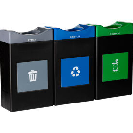 Avante 3-Stream Shallow Open Top Recycling Can, 30 Gallon Capacity, Gray/Blue/Green