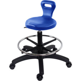 Polyurethane Serpent Stool, Medium Bench Height, Chrome Foot Ring, Casters, Blue