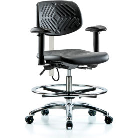 Polyurethane ESD Medium Bench Height Chair, Foot Ring, Adjustable Arms, Black