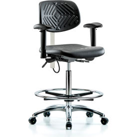 Polyurethane ESD High Bench Chair with Foot Ring, Adjustable Arms, Black