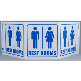Zing Eco Public Facility Tri View Sign, Rest Rooms, 20"W x 7-1/2"H, Blue On White