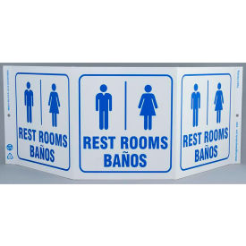 Eco Public Facility Tri View Sign, Rest Rooms/Banos, 20"W x 7-1/2"H, Blue On White