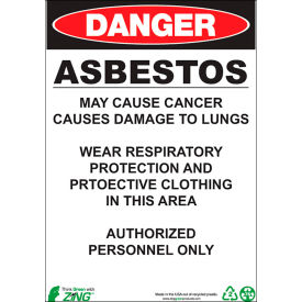 Zing Eco GHS Sign, Danger Asbestos, 10"W x 14"H, Recycled Plastic