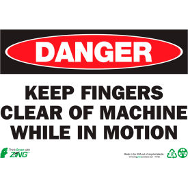 Zing Eco Safety Sign, Danger Keep Fingers Clear, 10"W x 7"H, Recycled Polystyrene Self Adhesive