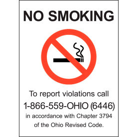 No Smoking Sign, Ohio Regulations, 7"W x 10"H, Recycled Aluminum