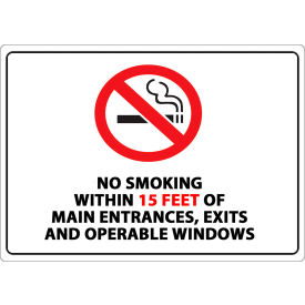 No Smoking 15 Feet Label, 7"W x 5"H, Recycled Polystyrene Adhesive, Pack of 2