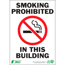 Zing Eco Safety Sign, Smoking Prohibited, 7"W x 10"H, Recycled Polystyrene Self Adhesive