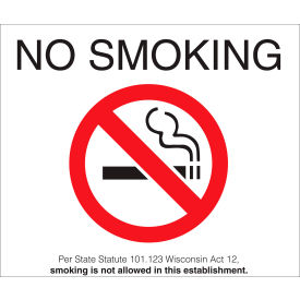 No Smoking Sign, Wisconsin, 10"W x 7"H, Recycled Plastic