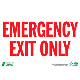 Zing Eco Safety Sign, Emergency Exit Only, 10"W x 7"H, Recycled Polystyrene Self Adhesive