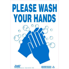 Safety Sign Wash Hands Plastic, 7"W x 10"H, Recycled Plastic