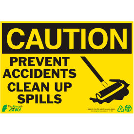Eco Safety Sign, Caution Clean Up Spills, 10"W x 7"H, Recycled Aluminum