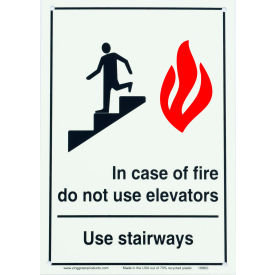 Safety Sign, In Case of Fire Use Stairs w/Picto, 7"W x 10"H, Recycled Plastic, Glow In Dark