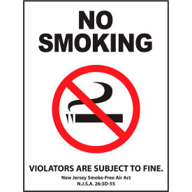 No Smoking Sign, Window Decal, New Jersey Regulations, 5"W x 7"H, Recycled Polystyrene, Pack of 2