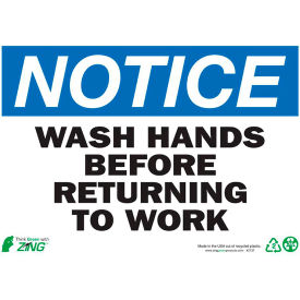 Zing Eco Safety Sign, Notice Wash Hands Before Returning to Work, 14"W x 10"H, Recycled Plastic