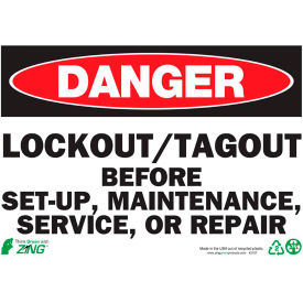 Zing Eco Safety Sign, Danger Lockout/Tagout Before Set Up, 14"W x 10"H, Recycled Plastic
