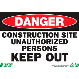 Zing Eco Safety Sign, Danger Construction Site, 14"W x 10"H, Recycled Polystyrene Self Adhesive