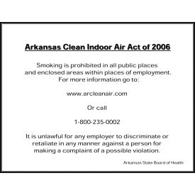 No Smoking Sign, Arkansas Regulations, 14"W x 10"H, Recycled Polystyrene Self Adhesive