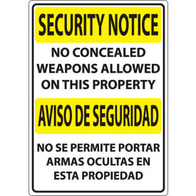 Concealed Carry Sign, Security Notice No Weapons, Bilingual, 10"W x 14"H, Recycled Plastic