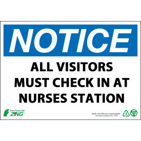 Zing Eco Safety Sign, Notice Visitors Must Check In at Nurses Station, 14"W x 10"H, Recycled Plastic