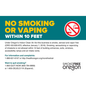 No Smoking Sign, Oregon Regulations, 14"W x 10"H, Recycled Aluminum