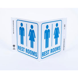 Public Facility V Sign, Rest Rooms, 12"W x 7"H, Blue On White