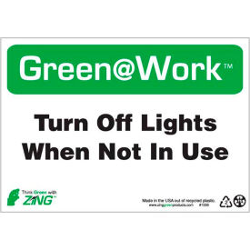 Zing Green at Work Sign, Turn Off Lights When Not In Use, 10"W x 7"H, Black/Green/White