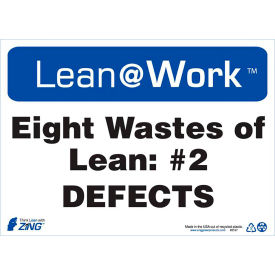 Lean at Work Sign, Eight Wastes Defects, 14"W x 10"H, Black/Blue/White