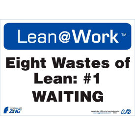 Lean at Work Sign, Eight Wastes Waiting, 14"W x 10"H, Black/Blue/White