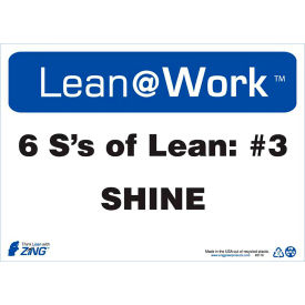 Lean at Work Sign, Six Ss Lean Shine, 14"W x 10"H, Black/Blue/White