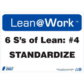 Lean at Work Sign, Six Ss Lean Standardize, 14"W x 10"H, Black/Blue/White