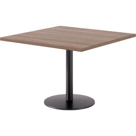 42" Square Pedestal Table, Black Base, Studio Teak Top