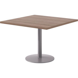 42" Square Pedestal Table, Silver Base, Studio Teak Top