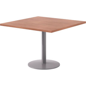 Proof 42" Square Pedestal Table, Silver Base, River Cherry Top