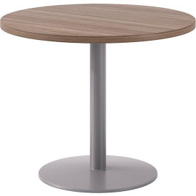Proof 36" Round Pedestal Table, Silver Base, Studio Teak Top