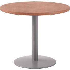Proof 36" Round Pedestal Table, Silver Base, River Cherry Top