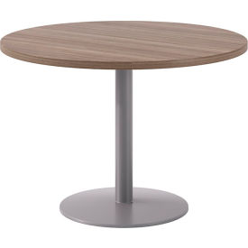 Proof 42" Round Pedestal Table, Silver Base, Studio Teak Top
