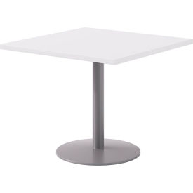 36" Square Pedestal Table, Silver Base, Designer White Top