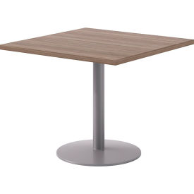Proof 36" Square Pedestal Table, Silver Base, Studio Teak Top