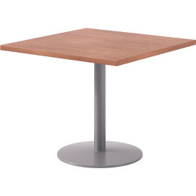 Proof 36" Square Pedestal Table, Silver Base, River Cherry Top