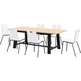 Jive 84"x 36" Dining Table Set, 6 White Cafe Chairs, Maple Top/Black Frame